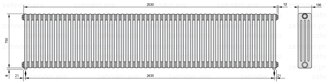 Схема (чертеж) Радиатор Zehnder Charleston 4075/55 №5310 Белый глянцевый RAL 9016